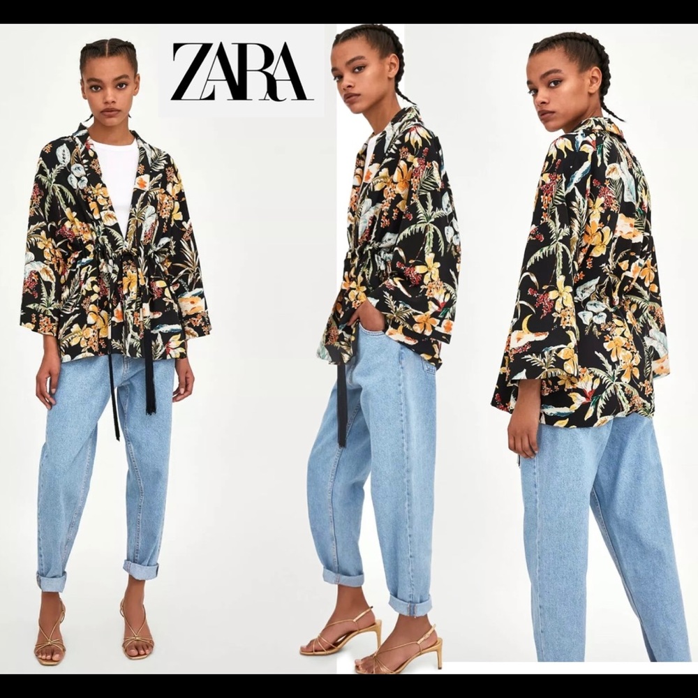 ZARA black floral tropical wide sleeve fringe tassel kimono jacket Sz S-M🔥